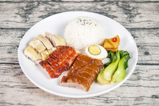 港式三拼饭白切鸡拼叉烧拼烧鹅