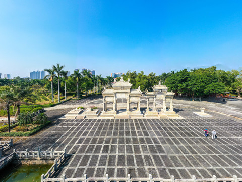 航拍广东珠海梅溪牌坊旅游区