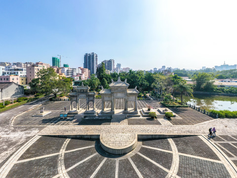 航拍广东珠海梅溪牌坊旅游区