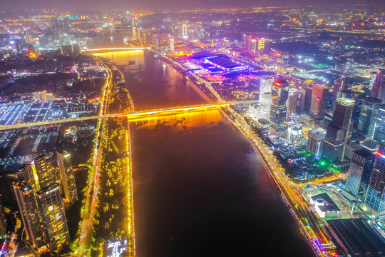 航拍广州海珠区城区珠江夜景