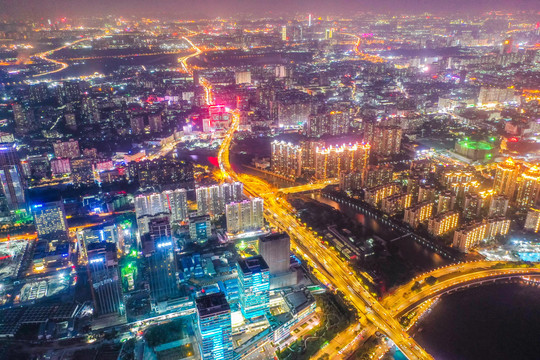 航拍广州海珠区城区夜景