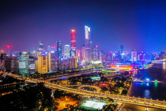 航拍广州珠江海心沙夜景