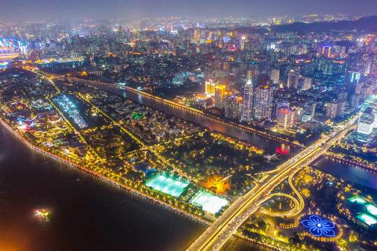 航拍广州珠江二沙岛夜景