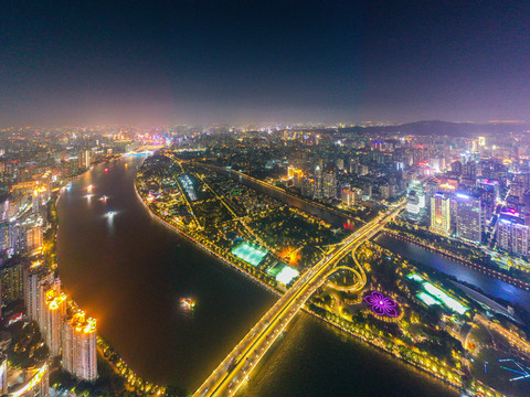 航拍广州珠江二沙岛夜景