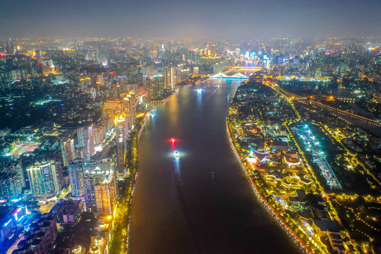 航拍广州珠江二沙岛夜景