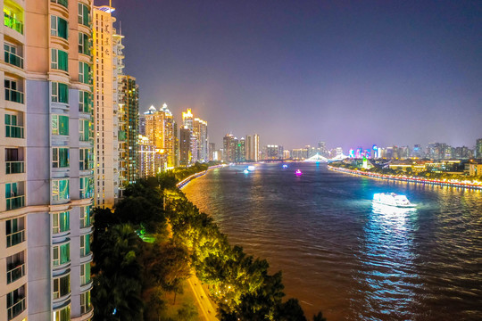 航拍广州珠江二沙岛夜景