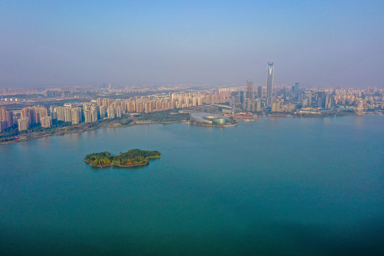 航拍江苏苏州金鸡湖景区玲珑岛