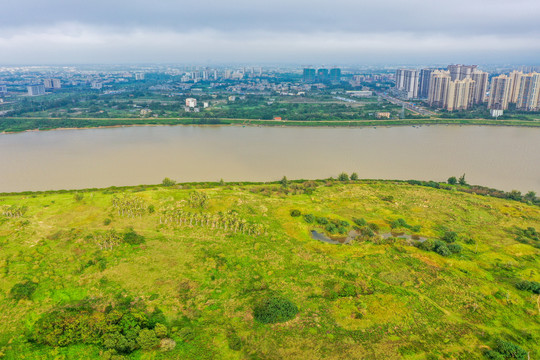 航拍海口南渡江水道府城镇农场