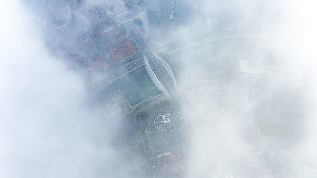 天津城市平流雾美景航拍