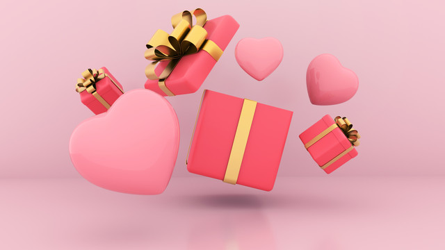 心形气球和粉色礼品盒