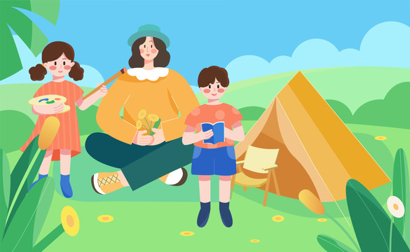 家人户外帐篷郊游野餐矢量插画