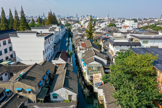 航拍苏州平江历史街区平江路