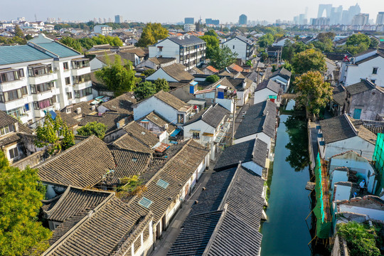 航拍苏州平江历史街区平江路