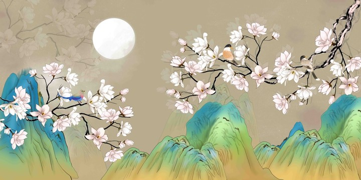 唯美古风玉兰花插画