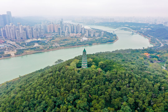 航拍广西南宁青秀山景区龙象塔