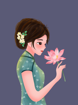 民国女生荷花插画