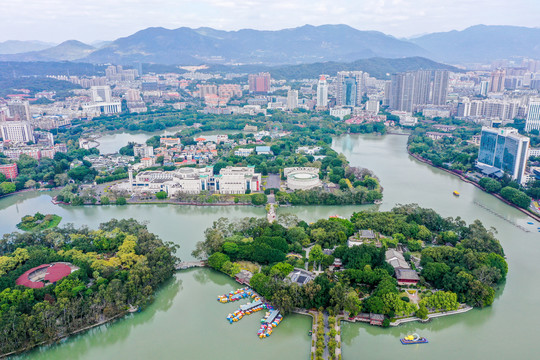 航拍福建福州西湖公园风光