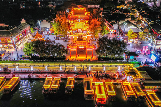 航拍南京夫子庙秦淮风光带夜景