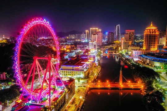 航拍广东中山幻彩摩天轮夜景