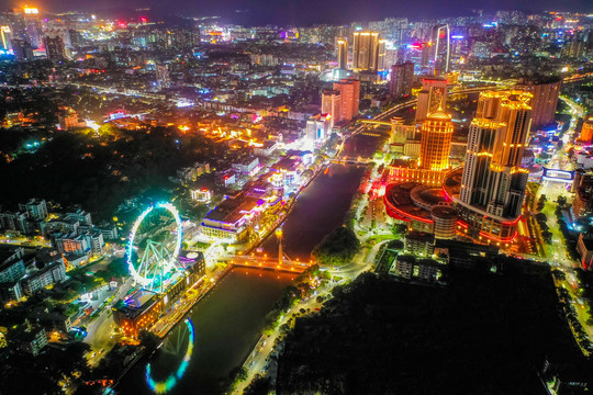 航拍广东中山幻彩摩天轮夜景