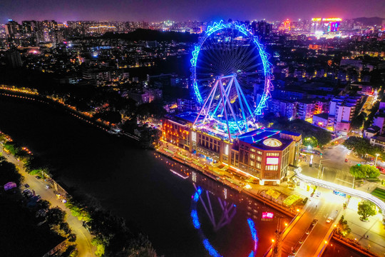 航拍广东中山幻彩摩天轮夜景