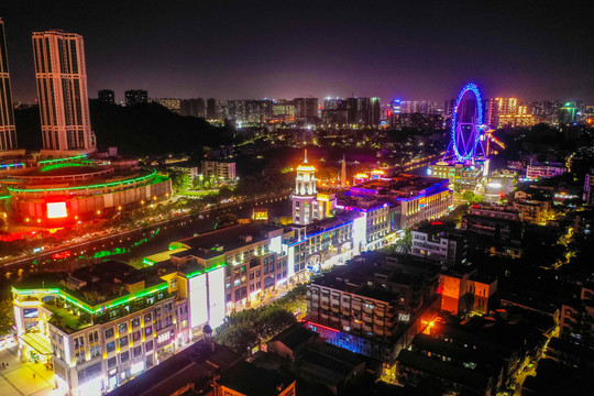 航拍广东中山幻彩摩天轮夜景