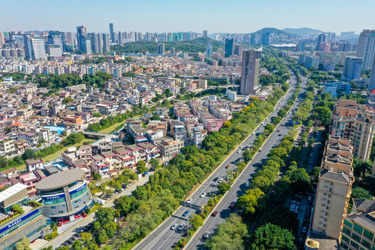 航拍广东中山博爱路兴中道街景