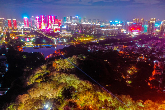 航拍佛山礌岗山顶魁星阁夜景