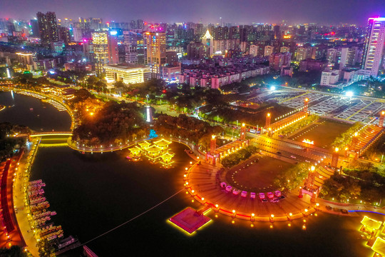 航拍广东佛山千灯湖公园夜景