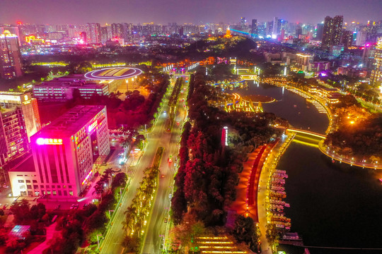 航拍广东佛山千灯湖公园夜景