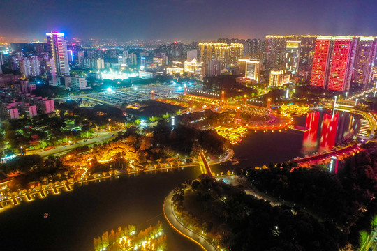 航拍广东佛山千灯湖公园夜景