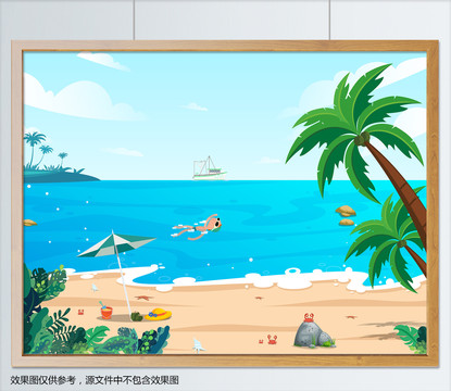 夏季夏日旅行海滩椰树风景插画
