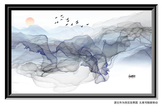 新中式水墨飘带山水装饰画