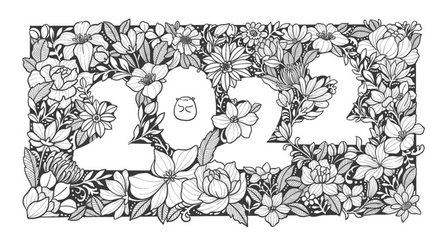 手绘数字2022线描花卉插画