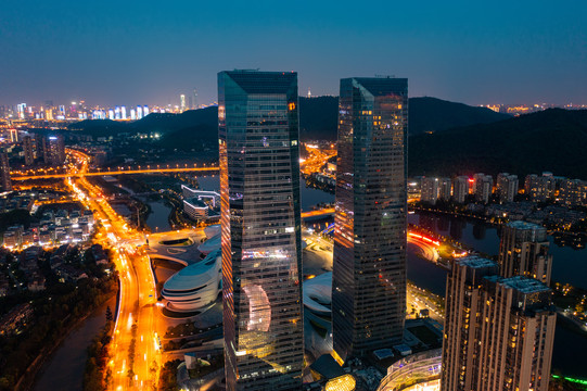 航拍湖南长沙梅溪湖夜景