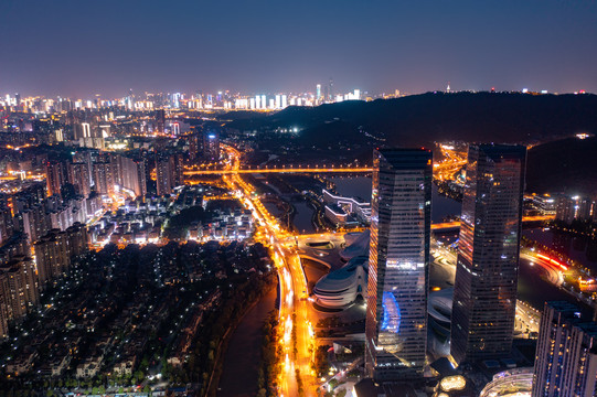 航拍湖南长沙梅溪湖夜景