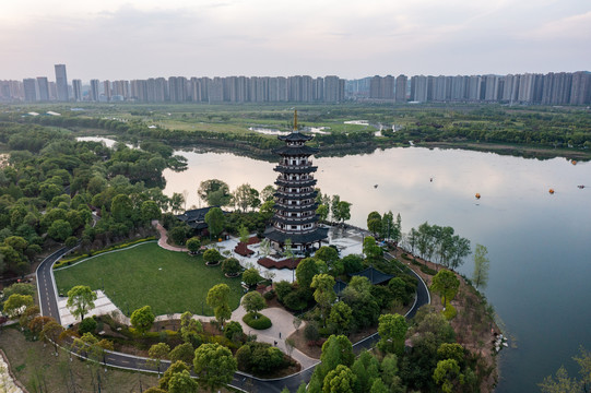 航拍湖南长沙洋湖湿地公园素材