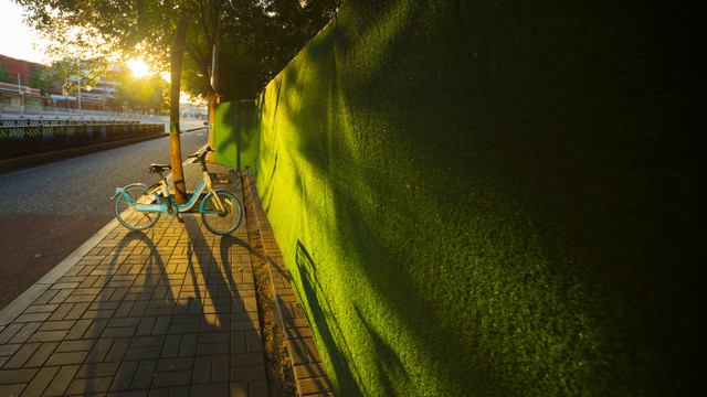 清晨光影阳光照在路边的自行车