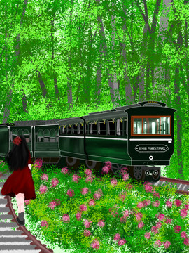 春日森林火车站红裙少女