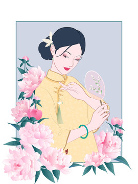 花卉旗袍美人插画之芍药