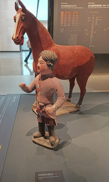 彩绘陶牵马俑及马
