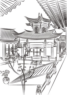 中式庭院黑白插画