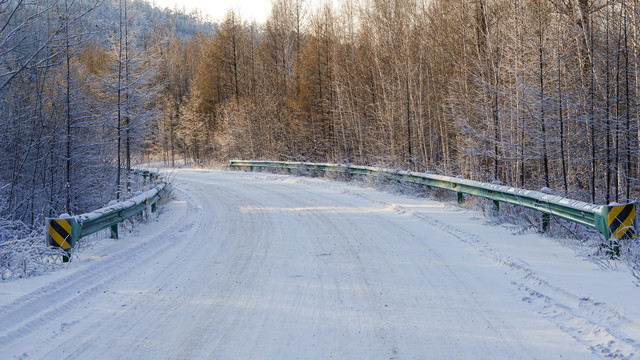 林区冬天雪路风光