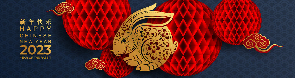剪纸风金红双色兔年横幅 蜂窝灯笼装饰