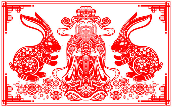 传统红色剪纸风兔年财神新年贺图