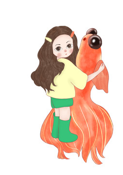 儿童插画可爱抱金鱼的少女