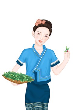 手绘采茶女孩