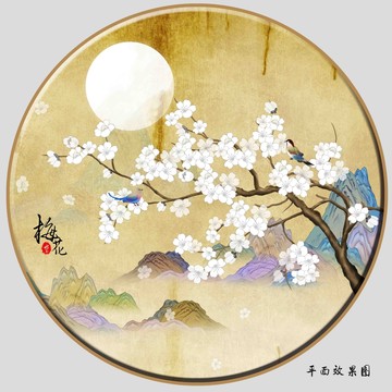 圆形花鸟国潮山水壁画挂画