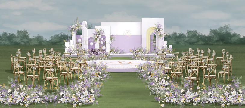 白紫色户外婚礼手绘效果图