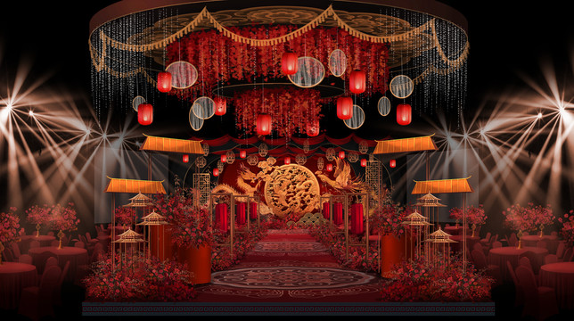 红金色中式主舞台婚礼手绘图